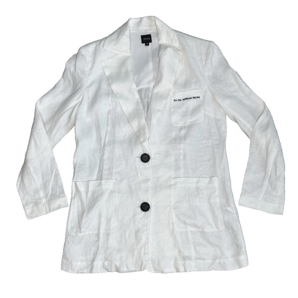 iRoo Flax Linen Two Button Blazer "To The Supreme Being" Embroidered Pocket - Picture 3 of 8